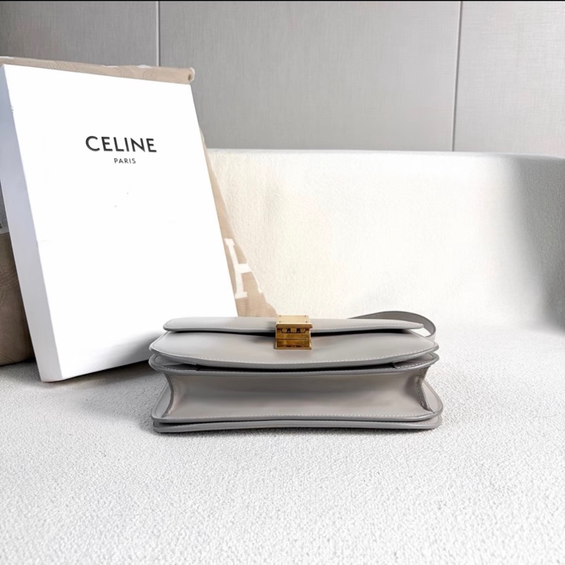 Celine 豆腐包 中號 灰色 金扣 牛皮-4
