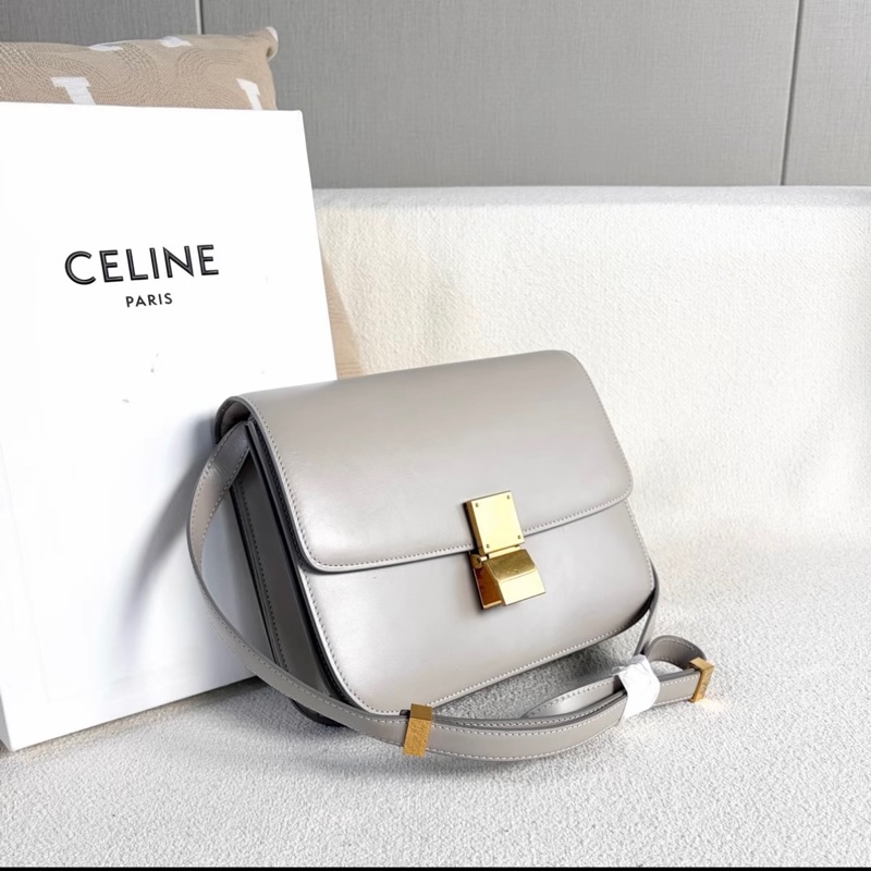 Celine 豆腐包 中號 灰色 金扣 牛皮-5