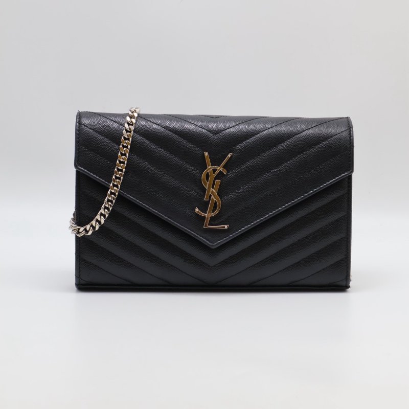 YSL 經典V紋粒面牛皮WOC - 22黑銀-0