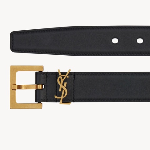 全新-YSL SAINT LAURENT CASSANDRE 黑金85滑面皮革方形搭扣腰帶