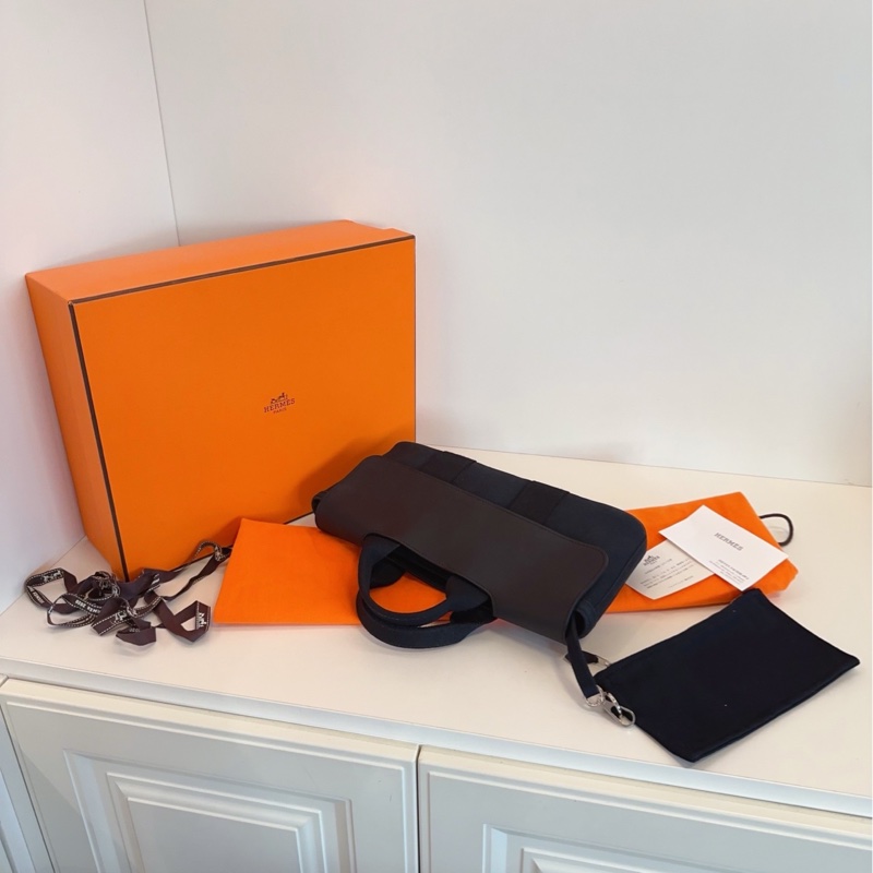 【98新🆕】Hermes valparaiso 黑色蘑菇包🍄black 帆布拼皮 橫版子母手提包-6