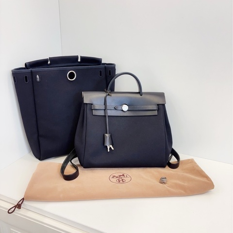 【98新🆕】Hermes herbag 全黑銀扣 帆布拼皮雙肩包