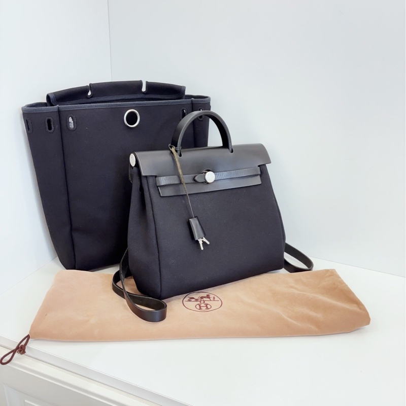 【98新🆕】Hermes herbag 全黑銀扣 帆布拼皮雙肩包-1