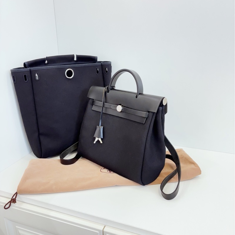 【98新🆕】Hermes herbag 全黑銀扣 帆布拼皮雙肩包-2
