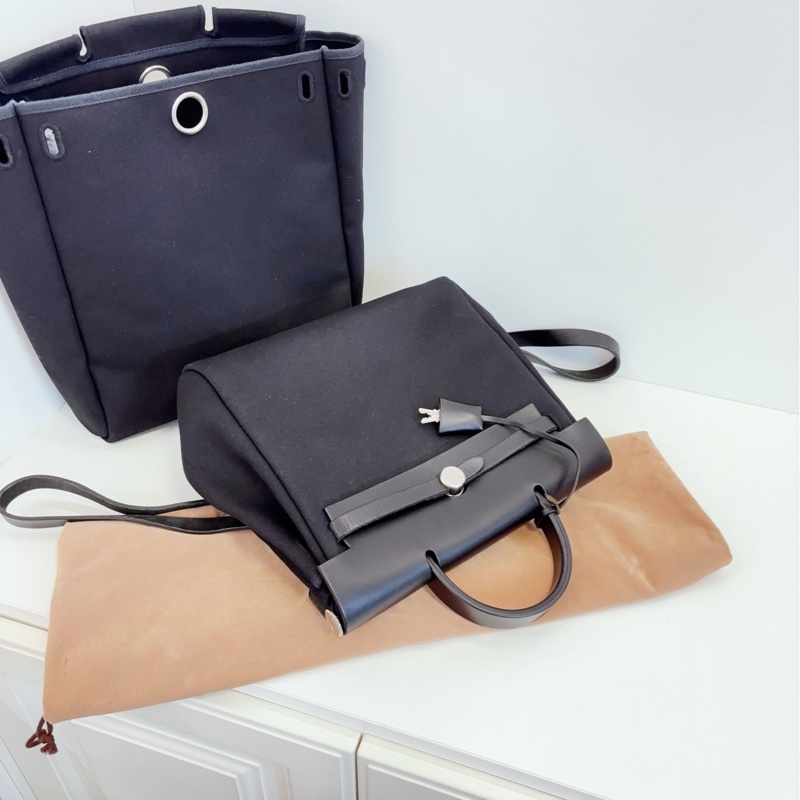 【98新🆕】Hermes herbag 全黑銀扣 帆布拼皮雙肩包-3