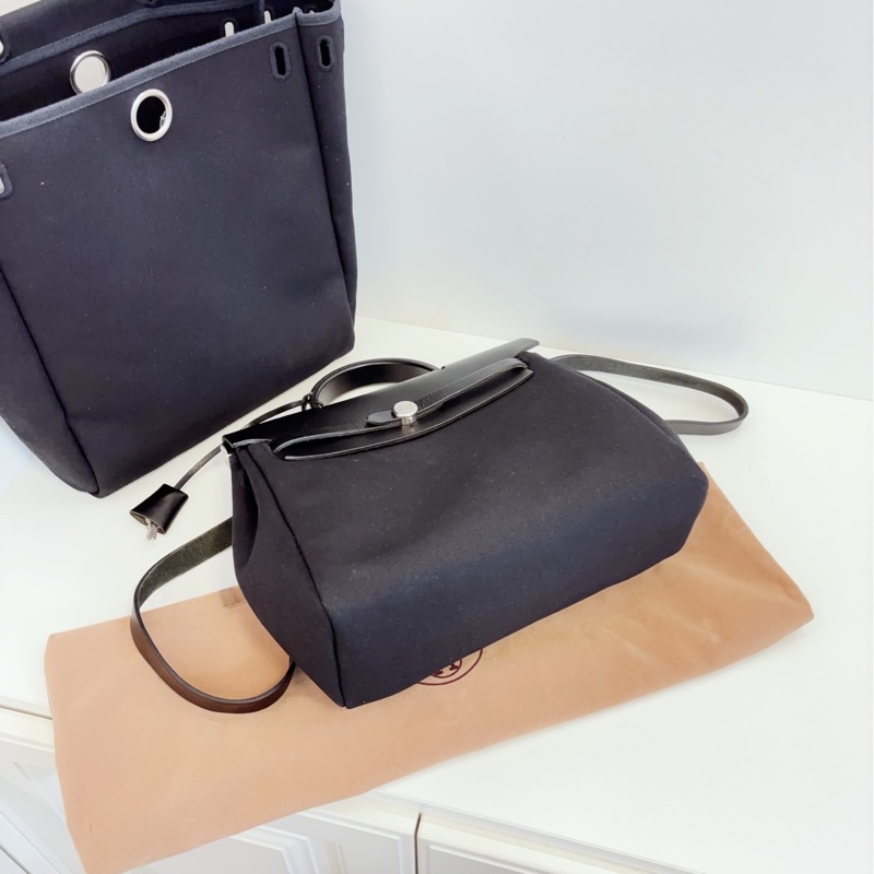【98新🆕】Hermes herbag 全黑銀扣 帆布拼皮雙肩包-5