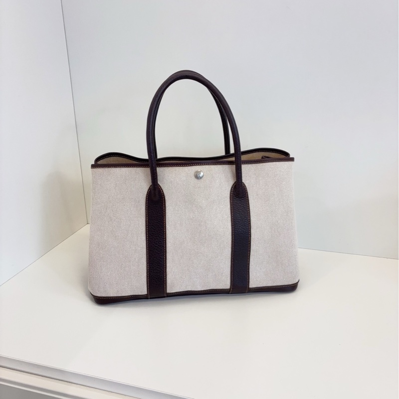 【98新🆕】Hermes GardenParty GP36 米黃白帆布拼深棕烏木皮🪵花園包 手提包-0