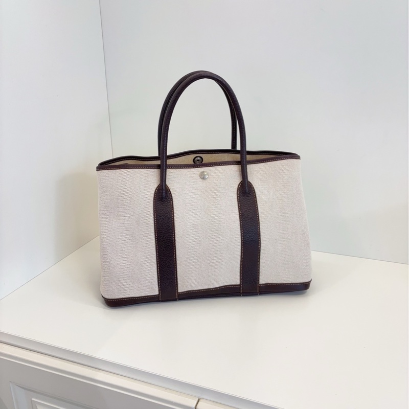 【98新🆕】Hermes GardenParty GP36 米黃白帆布拼深棕烏木皮🪵花園包 手提包-1
