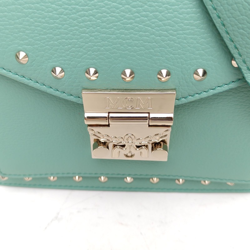 MCM 綠色牛皮鉚釘手提斜挎包-4
