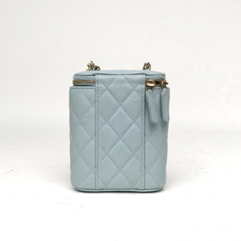 CHANEL 煙盒化妝包帶鏡子10cm淺藍色荔枝牛皮32開金扣菱格紋肩背包-2