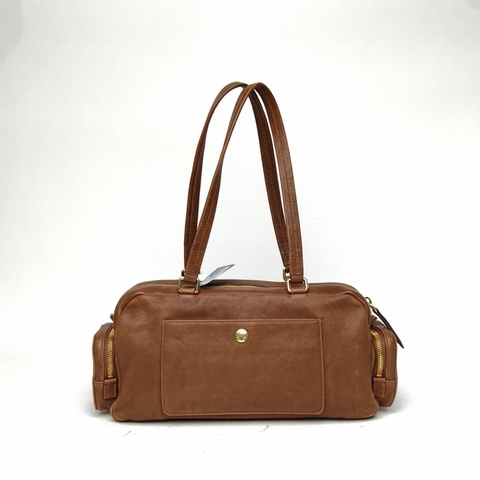 MIUMIU Pocket水洗字母徽標機車包焦糖棕羊皮金扣幹邑色肩背包