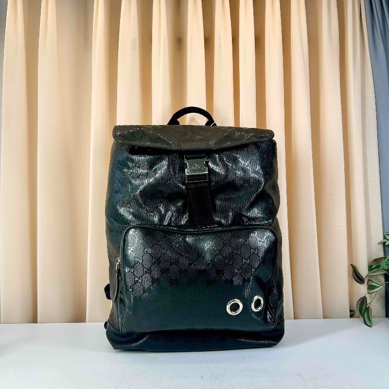 Gucci/古馳雙肩包 黑色PVC水晶皮雙肩包 經典GG老花紋路，紅綠織帶配色，三防面料防水耐用，大容量旅行包，金屬扣件完好，空間十足，男女同款-5