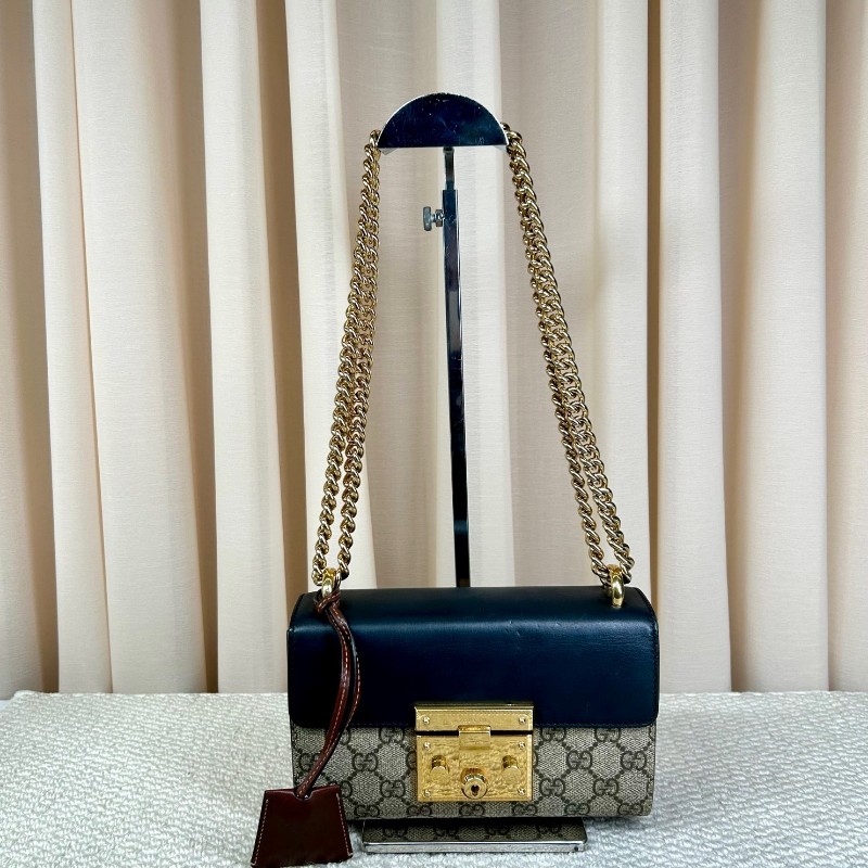 古馳Gucci Padlock黑金月光寶盒 經典老花拼接黑皮 金色鎖頭+鏈條肩帶 單肩斜挎都ok 日常通勤容量夠用-0