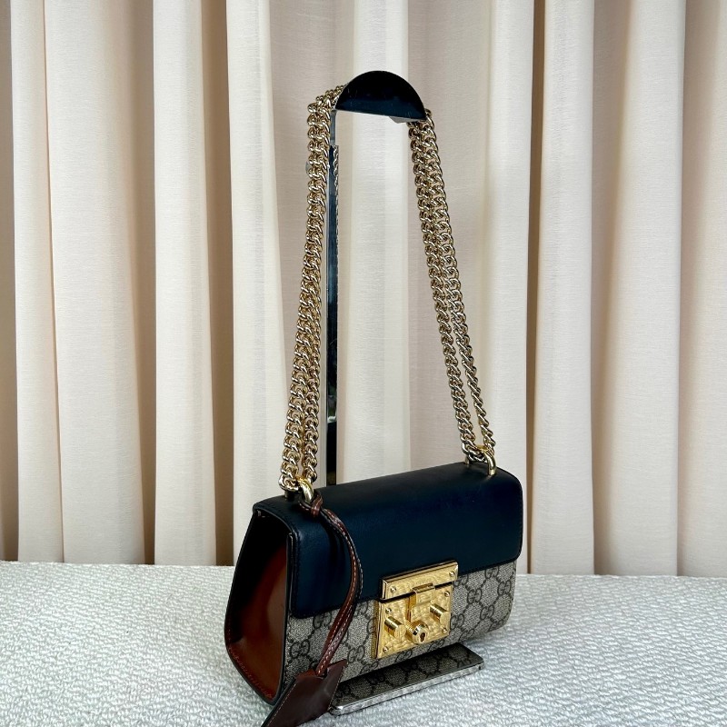 古馳Gucci Padlock黑金月光寶盒 經典老花拼接黑皮 金色鎖頭+鏈條肩帶 單肩斜挎都ok 日常通勤容量夠用-2