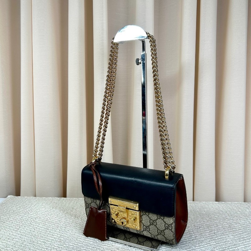 古馳Gucci Padlock黑金月光寶盒 經典老花拼接黑皮 金色鎖頭+鏈條肩帶 單肩斜挎都ok 日常通勤容量夠用-3