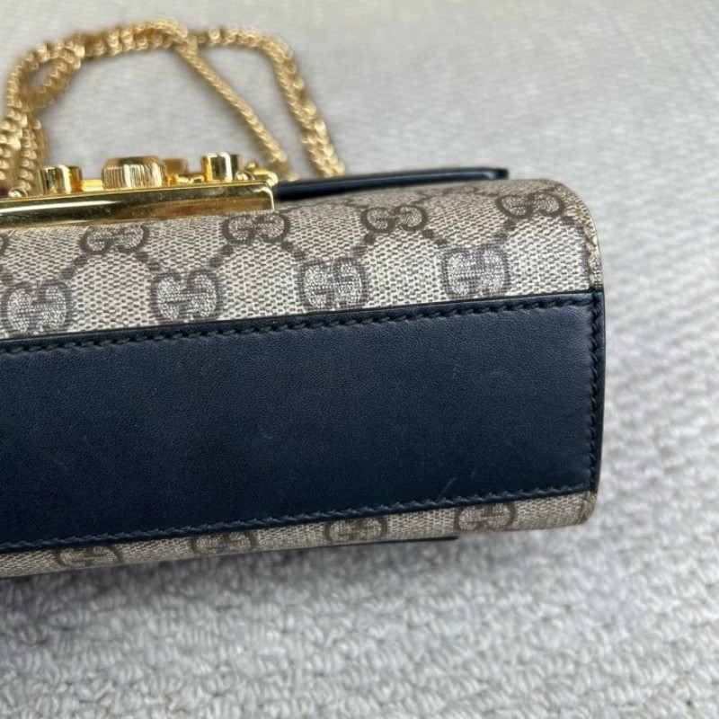 古馳Gucci Padlock黑金月光寶盒 經典老花拼接黑皮 金色鎖頭+鏈條肩帶 單肩斜挎都ok 日常通勤容量夠用-9