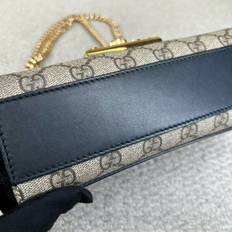 古馳Gucci Padlock黑金月光寶盒 經典老花拼接黑皮 金色鎖頭+鏈條肩帶 單肩斜挎都ok 日常通勤容量夠用-10