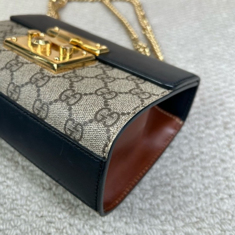古馳Gucci Padlock黑金月光寶盒 經典老花拼接黑皮 金色鎖頭+鏈條肩帶 單肩斜挎都ok 日常通勤容量夠用-13