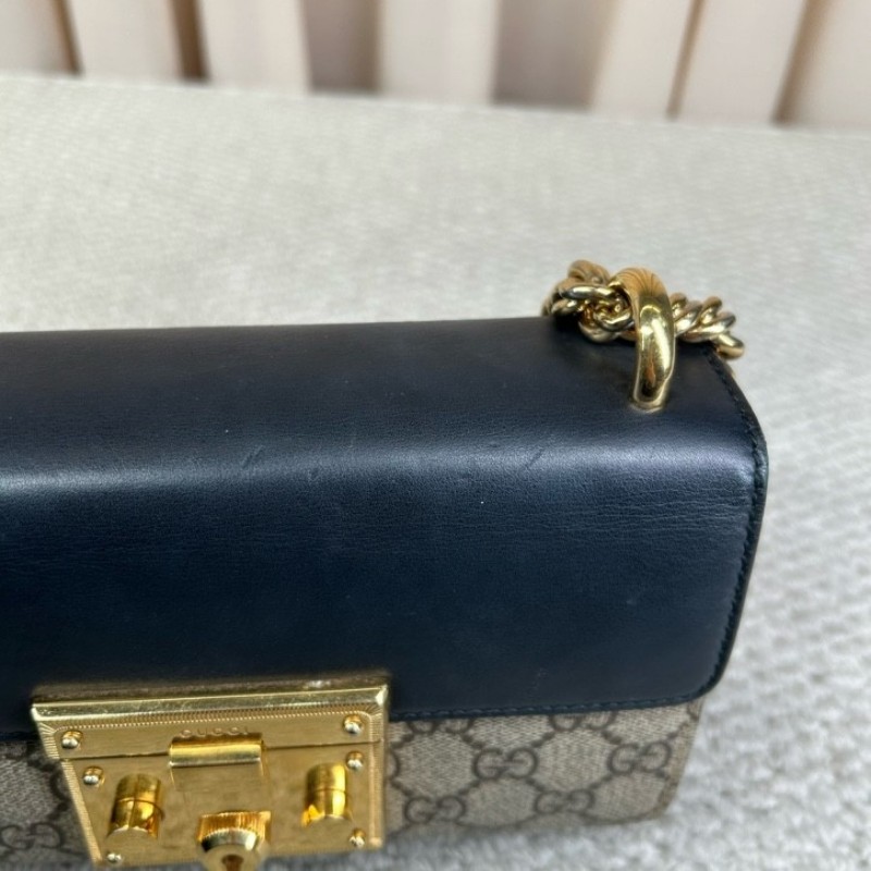 古馳Gucci Padlock黑金月光寶盒 經典老花拼接黑皮 金色鎖頭+鏈條肩帶 單肩斜挎都ok 日常通勤容量夠用-14