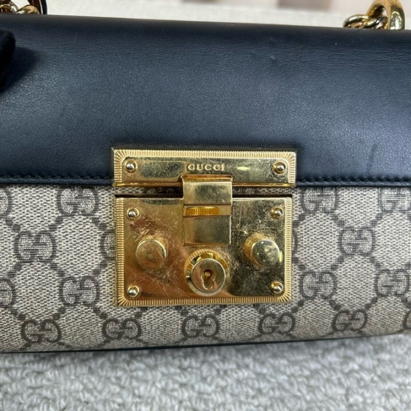 古馳Gucci Padlock黑金月光寶盒 經典老花拼接黑皮 金色鎖頭+鏈條肩帶 單肩斜挎都ok 日常通勤容量夠用-18