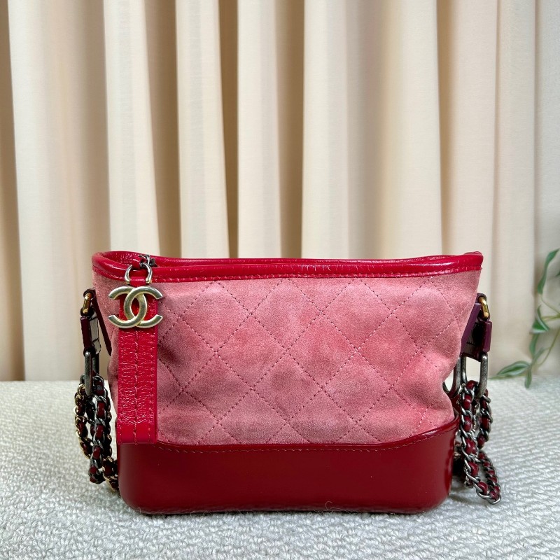 香奈兒Chanel麂皮拼牛皮 經典菱格紋 鏈條肩帶 質感高級 顯白百搭 粉色金扣 可單肩可斜挎-0