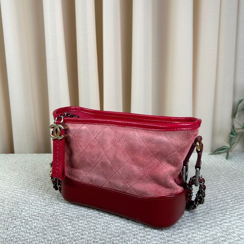 香奈兒Chanel麂皮拼牛皮 經典菱格紋 鏈條肩帶 質感高級 顯白百搭 粉色金扣 可單肩可斜挎-3