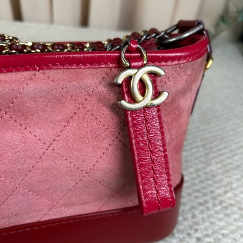 香奈兒Chanel麂皮拼牛皮 經典菱格紋 鏈條肩帶 質感高級 顯白百搭 粉色金扣 可單肩可斜挎-15