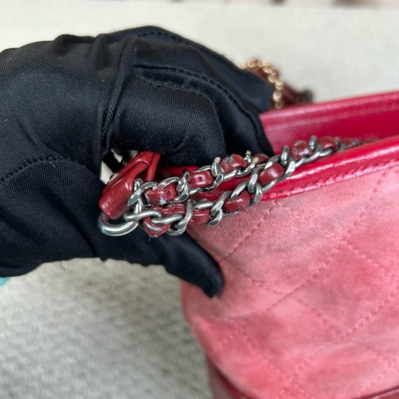 香奈兒Chanel麂皮拼牛皮 經典菱格紋 鏈條肩帶 質感高級 顯白百搭 粉色金扣 可單肩可斜挎-17