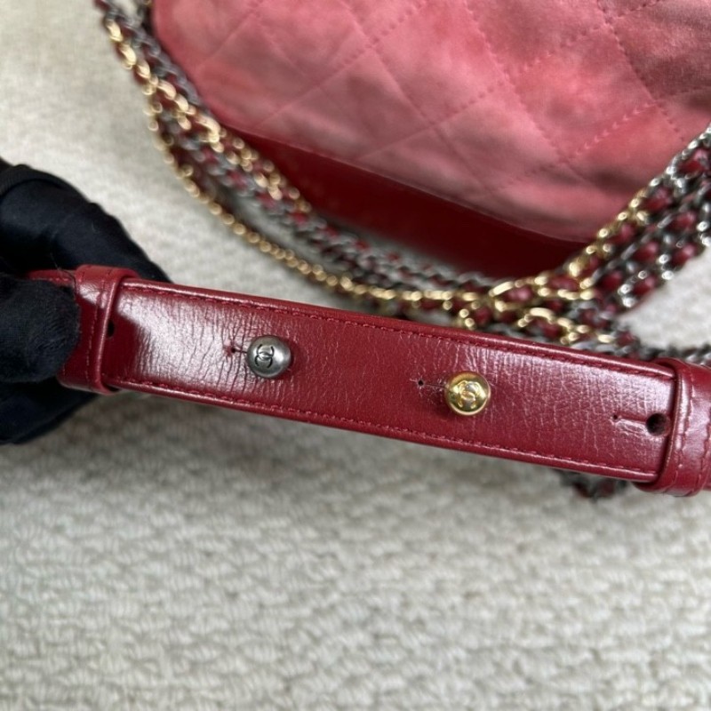 香奈兒Chanel麂皮拼牛皮 經典菱格紋 鏈條肩帶 質感高級 顯白百搭 粉色金扣 可單肩可斜挎-21