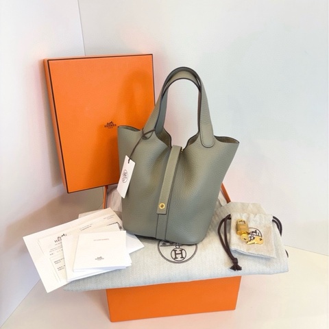 【閒置99新🆕】Hermes piction 18 菜籃子 Q1鼠尾草綠金扣 B刻 tc皮  手提包