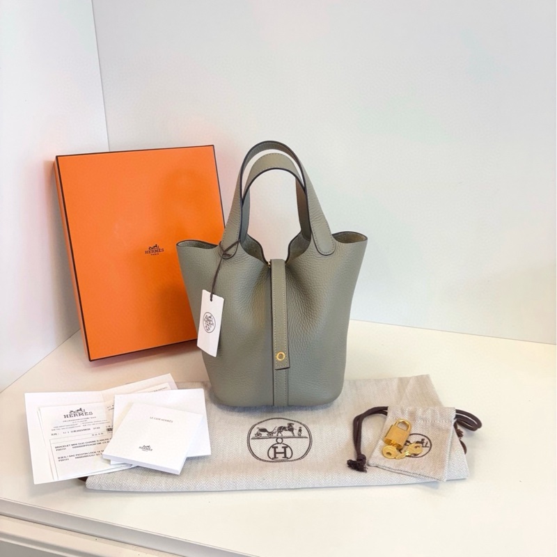 【閒置99新🆕】Hermes piction 18 菜籃子 Q1鼠尾草綠金扣 B刻 tc皮  手提包-1
