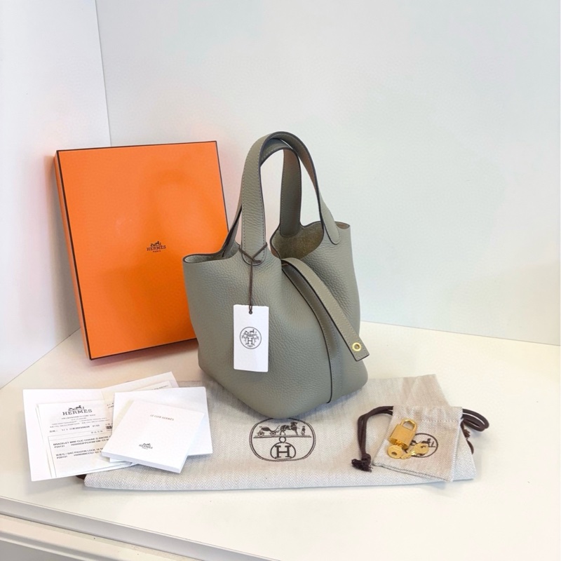 【閒置99新🆕】Hermes piction 18 菜籃子 Q1鼠尾草綠金扣 B刻 tc皮  手提包-2