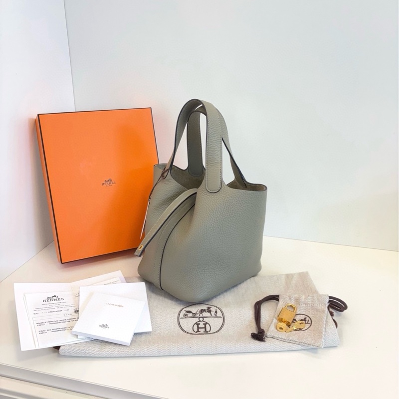 【閒置99新🆕】Hermes piction 18 菜籃子 Q1鼠尾草綠金扣 B刻 tc皮  手提包-3