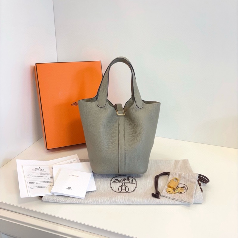 【閒置99新🆕】Hermes piction 18 菜籃子 Q1鼠尾草綠金扣 B刻 tc皮  手提包-4
