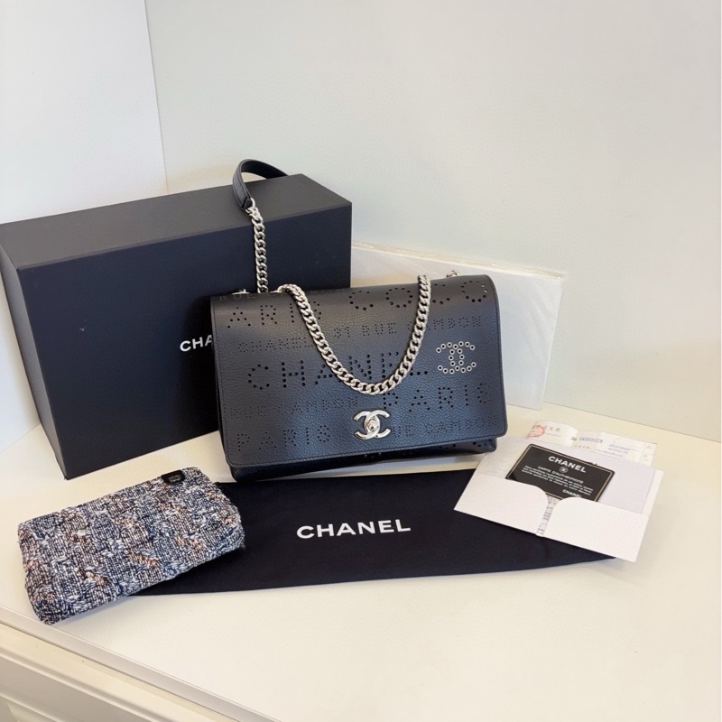 【保存品大全套🆕】Chanel 限定黑銀 鏤空字母 cf 鏈條包 斜挎包 單肩包-5