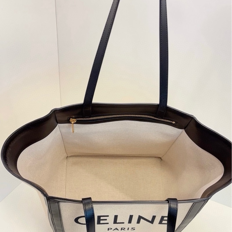 Celine賽琳 香草色帆布拼黑皮蝙蝠大tote托特包/沙灘包-5