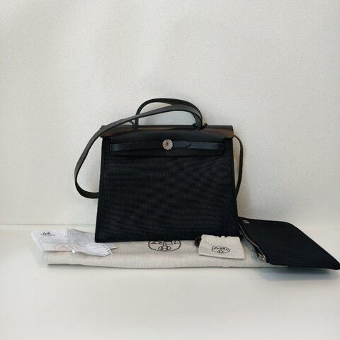 hermes 愛馬仕 herbag 黑色帆布拼皮 銀扣  尺寸：31*25*10cm