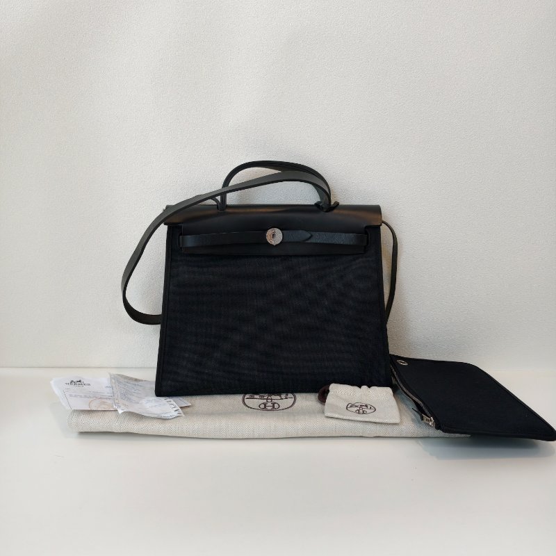 hermes 愛馬仕 herbag 黑色帆布拼皮 銀扣  尺寸：31*25*10cm-0