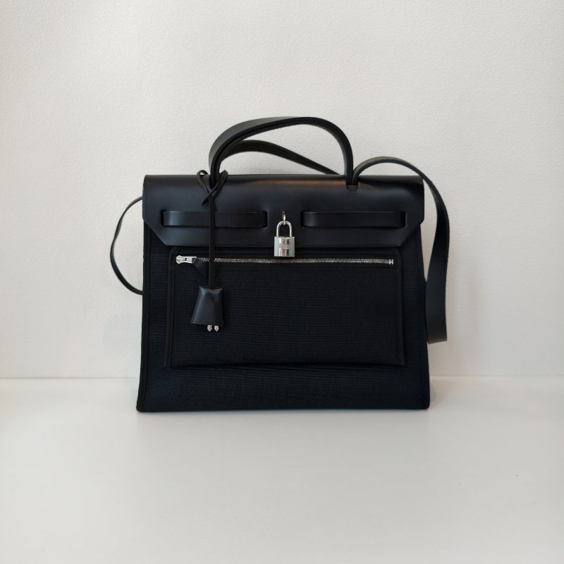 hermes 愛馬仕 herbag 黑色帆布拼皮 銀扣  尺寸：31*25*10cm-2