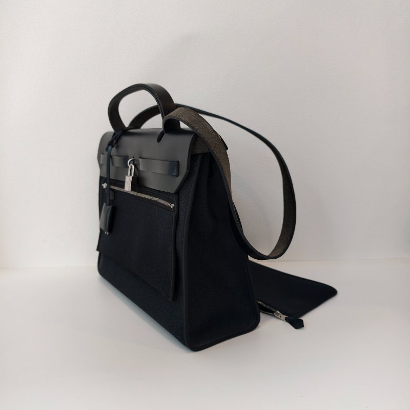 hermes 愛馬仕 herbag 黑色帆布拼皮 銀扣  尺寸：31*25*10cm-3