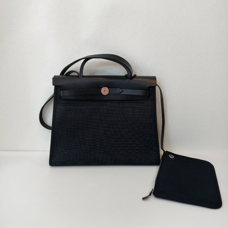 hermes 愛馬仕 herbag 黑色帆布拼皮 銀扣  尺寸：31*25*10cm-7