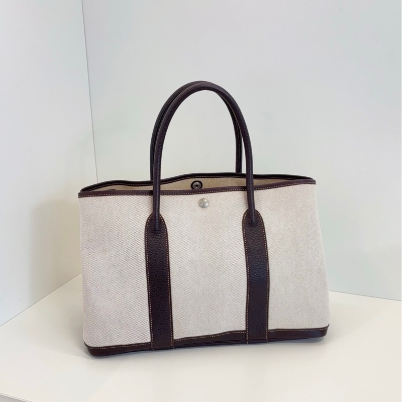 Hermes愛馬仕 GardenParty GP36 米黃白帆布拼深棕烏木皮花園包-1