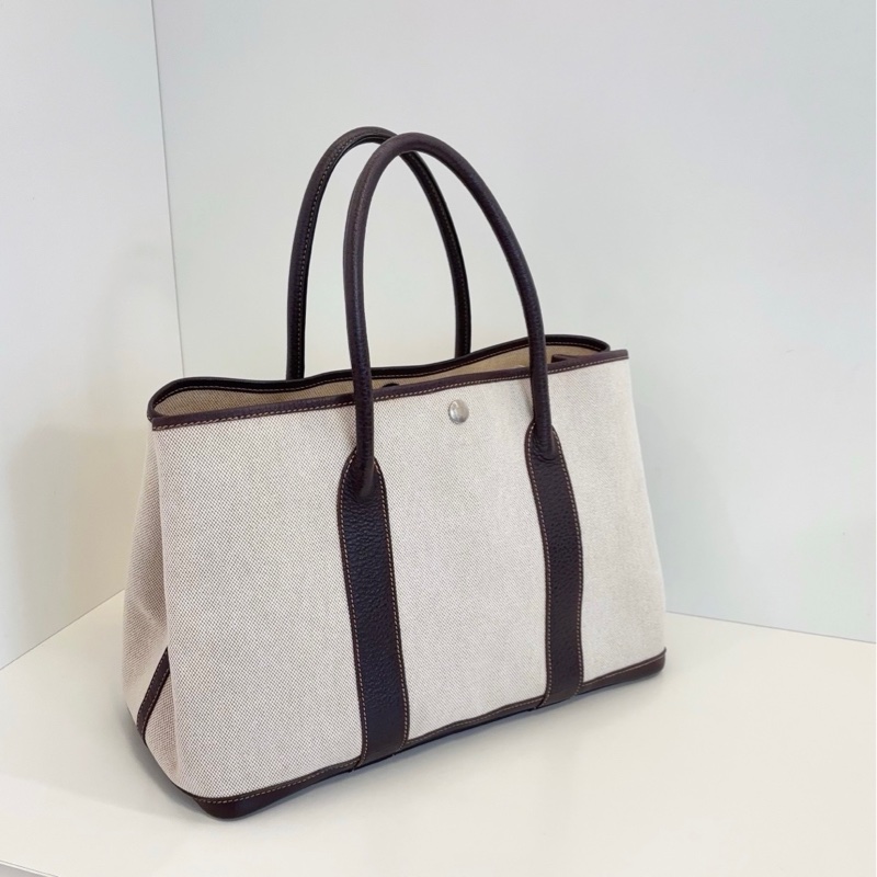 Hermes愛馬仕 GardenParty GP36 米黃白帆布拼深棕烏木皮花園包-2