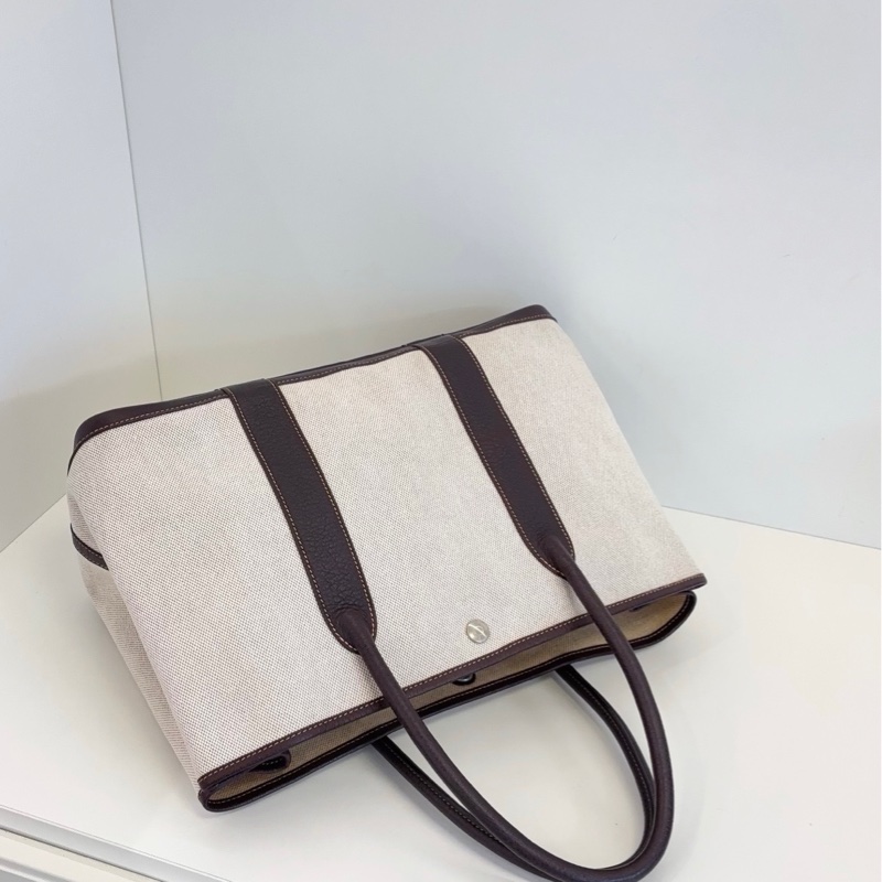 Hermes愛馬仕 GardenParty GP36 米黃白帆布拼深棕烏木皮花園包-4