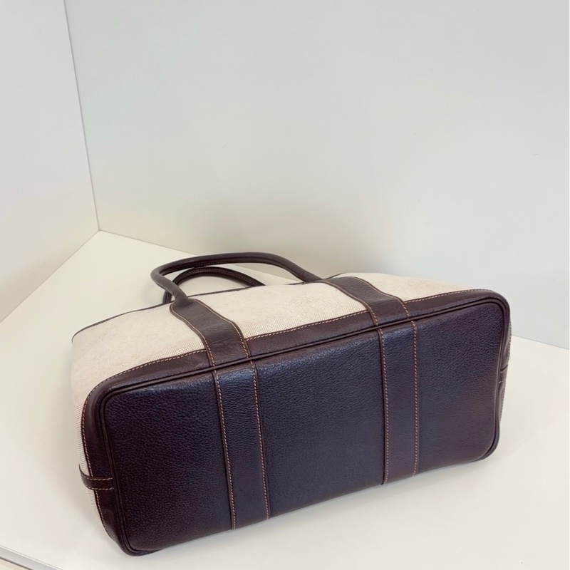 Hermes愛馬仕 GardenParty GP36 米黃白帆布拼深棕烏木皮花園包-5