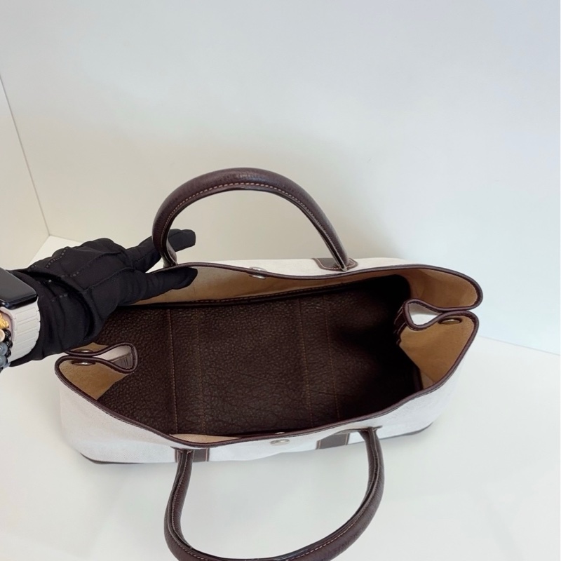 Hermes愛馬仕 GardenParty GP36 米黃白帆布拼深棕烏木皮花園包-7