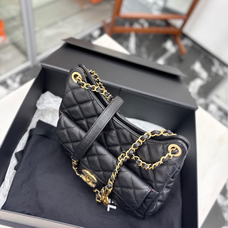 【閒置品】 Chanel 23P芯片 黑金荔枝牛皮 中號天貓精靈 單肩包-2