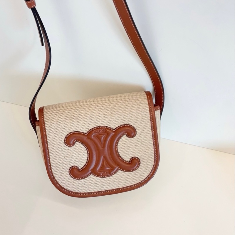 Celine賽琳 Folco人氣馬鞍包 原色帆布拼焦糖皮 凱旋門大logo-3