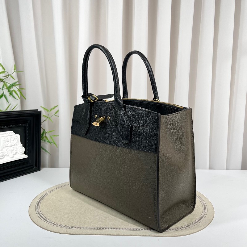 LV路易威登 City Steamer系列黑拼軍綠色牛皮手提單肩斜挎包 容量超級大 外出日常都適合-3