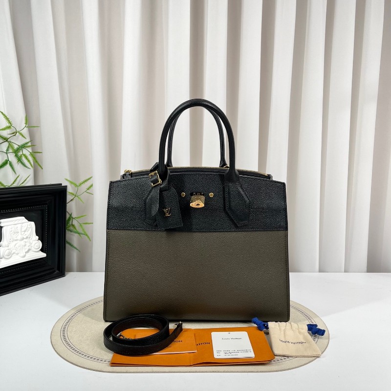 LV路易威登 City Steamer系列黑拼軍綠色牛皮手提單肩斜挎包 容量超級大 外出日常都適合-5